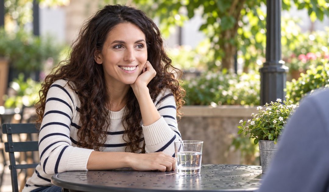 A woman with long dark curls enjoys a relaxed conversation with an off-frame date on a public garden café terrace.